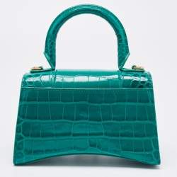 Pre Owned Balenciaga Green Croc Embossed Leather XS Hourglass Top Handle Bag