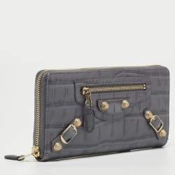 Pre Owned Balenciaga Grey Croc Embossed Leather Classic City Wallet