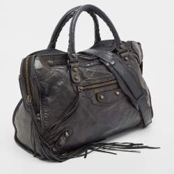 Pre Owned Balenciaga Black Lambskin Leather Giant 12 Gold Motorcycle City Bag