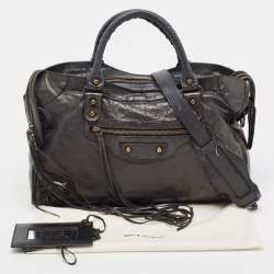 Pre Owned Balenciaga Black Lambskin Leather Giant 12 Gold Motorcycle City Bag
