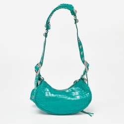 Pre Owned Balenciaga Green Croc Embossed Leather XS Le Cagole Shoulder Bag