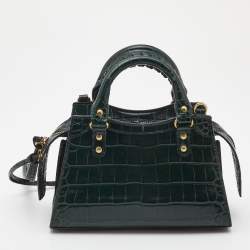 Pre Owned Balenciaga Green Croc Embossed Leather Mini Neo Classic City Tote