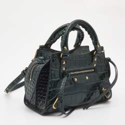 Pre Owned Balenciaga Green Croc Embossed Leather Mini Neo Classic City Tote