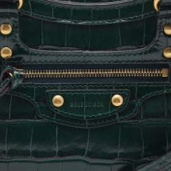 Pre Owned Balenciaga Green Croc Embossed Leather Mini Neo Classic City Tote