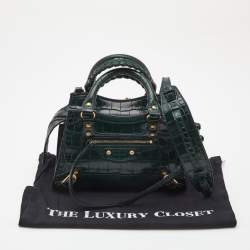 Pre Owned Balenciaga Green Croc Embossed Leather Mini Neo Classic City Tote