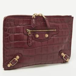 Pre Owned Balenciaga Bordeaux Croc Embossed Leather Zipper Clutch
