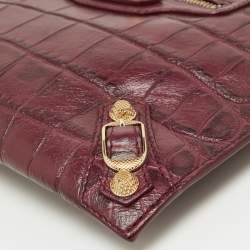 Pre Owned Balenciaga Bordeaux Croc Embossed Leather Zipper Clutch