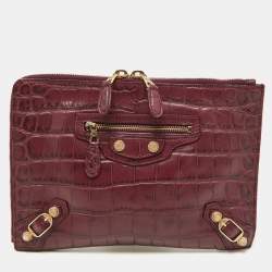 Pre Owned Balenciaga Bordeaux Croc Embossed Leather Zipper Clutch