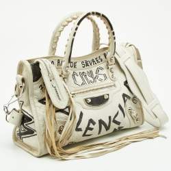 Pre Owned Balenciaga White/Black Graffiti Leather Small Classic City Bag