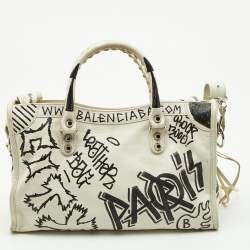 Pre Owned Balenciaga White/Black Graffiti Leather Small Classic City Bag
