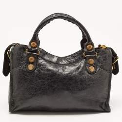 Pre Owned Balenciaga Black Leather GSH City Tote