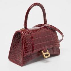 Balenciaga Burgundy Croc Embossed Leather Small Hourglass Top Handle Bag
