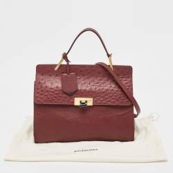 Pre Owned Balenciaga Burgundy Leather and Ostrich Le Dix Cartable Top Handle Bag