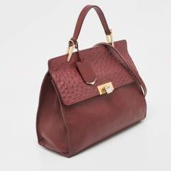 Pre Owned Balenciaga Burgundy Leather and Ostrich Le Dix Cartable Top Handle Bag