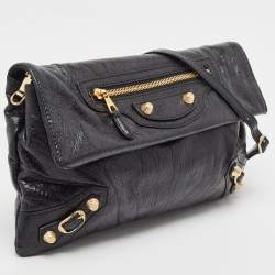 Pre Owned Balenciaga Black Leather Giant 12 Gold Hardware Envelope Strap Clutch