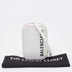 Pre Owned Balenciaga White Croc Embossed Leather Cash Phone Holder Bag