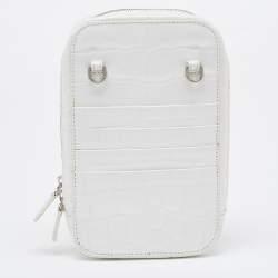 Pre Owned Balenciaga White Croc Embossed Leather Cash Phone Holder Bag