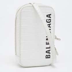 Pre Owned Balenciaga White Croc Embossed Leather Cash Phone Holder Bag