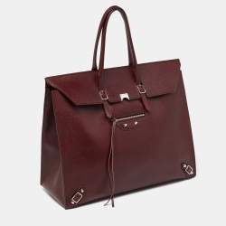 Pre Owned Balenciaga Burgundy Leather Papier Flap Tote