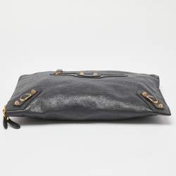 Pre Owned Balenciaga Grey Leather Classic Hardware Zip Pouch