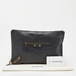 Pre Owned Balenciaga Grey Leather Classic Hardware Zip Pouch