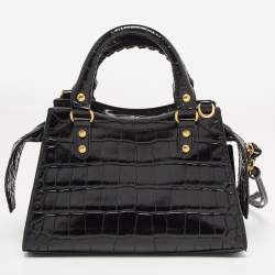 Pre Owned Balenciaga Black Croc Embossed Leather Mini Neo Classic Bag