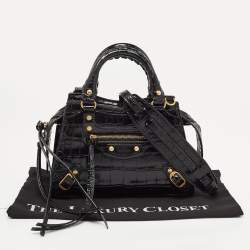 Pre Owned Balenciaga Black Croc Embossed Leather Mini Neo Classic Bag