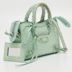مملوكة مسبقًا Balenciaga Mint Green Croc Embossed Patent Leather Nano Classic City Tote