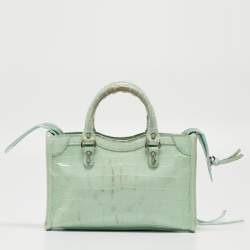 مملوكة مسبقًا Balenciaga Mint Green Croc Embossed Patent Leather Nano Classic City Tote