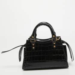 Pre Owned Balenciaga Black Croc Embossed Leather Mini Neo Classic Bag