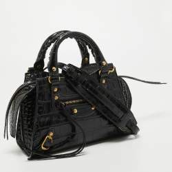Pre Owned Balenciaga Black Croc Embossed Leather Mini Neo Classic Bag