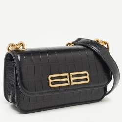 Pre Owned Balenciaga Black Croc Embossed Leather Gossip Wallet On Chain