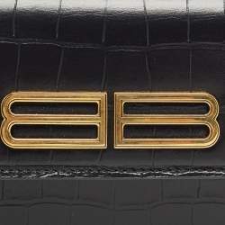 Pre Owned Balenciaga Black Croc Embossed Leather Gossip Wallet On Chain