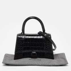 Pre Owned Balenciaga Black Croc Embossed Leather Small Hourglass Top Handle Bag
