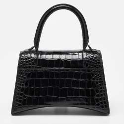 Pre Owned Balenciaga Black Croc Embossed Leather Small Hourglass Top Handle Bag