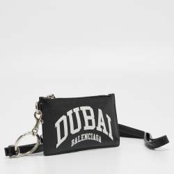 Pre Owned Balenciaga Black/White Leather Dubai Zip Card Holder with Strap