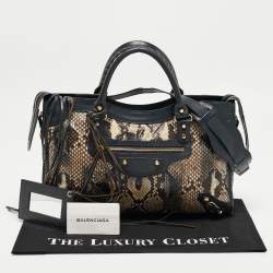 Pre Owned Balenciaga Navy Blue Leather and Python Medium Metallic Edge Classic City Bag