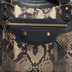 Pre Owned Balenciaga Navy Blue Leather and Python Medium Metallic Edge Classic City Bag