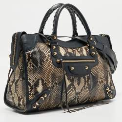Pre Owned Balenciaga Navy Blue Leather and Python Medium Metallic Edge Classic City Bag