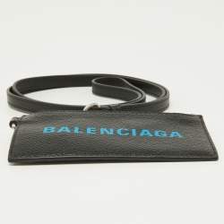 Pre Owned Balenciaga Black/Blue Leather Zip Card Holder with Strap