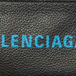 Pre Owned Balenciaga Black/Blue Leather Zip Card Holder with Strap