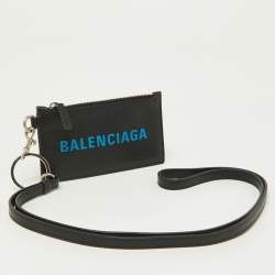 Pre Owned Balenciaga Black/Blue Leather Zip Card Holder with Strap