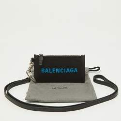Pre Owned Balenciaga Black/Blue Leather Zip Card Holder with Strap