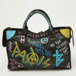 Pre Owned Balenciaga Black Graffiti Leather City Tote