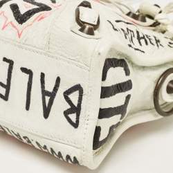 Pre Owned Balenciaga White Graffiti Leather Mini RH Classic City Bag