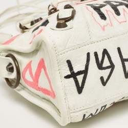 Pre Owned Balenciaga White Graffiti Leather Mini RH Classic City Bag