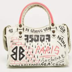 Pre Owned Balenciaga White Graffiti Leather Mini RH Classic City Bag