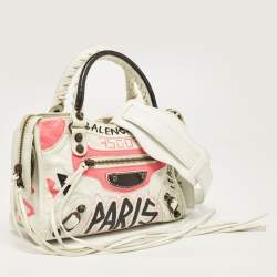 Pre Owned Balenciaga White Graffiti Leather Mini RH Classic City Bag