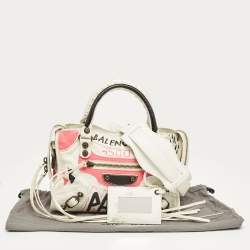 Pre Owned Balenciaga White Graffiti Leather Mini RH Classic City Bag