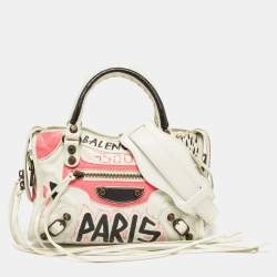 Pre Owned Balenciaga White Graffiti Leather Mini RH Classic City Bag